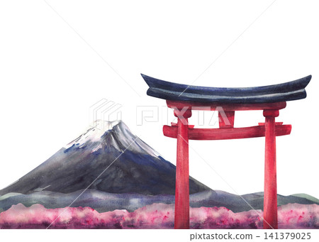 Mount Fuji, Torii gate and blooming pink sakura landscape background. Hand painted watercolor Japan Landmark illustration for travel posters, tourism, Hanami festival greeting cards. Isolated on white 141379025
