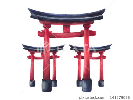 Traditional Japanese Torii gate, symbolizing the entrance to a sacred space in shinto shrines. Red pillars and black curved roof. Hand painted watercolor illustration isolated on white background. Traditional Japanese Torii gate, symbolizing the entrance to a sacred space in shinto shrines. Red pillars and black curved roof. Hand painted watercolor illustration isolated on white background. 141379026