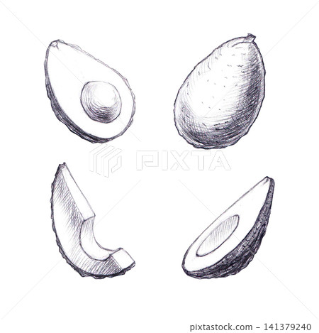 Hand drawn set pencil sketch of Half and Slice avocado. Monochrome Bundle graphite illustration. Isolated graphic element for organic food packaging, clean food recipes, or botanical design. Hand drawn set pencil sketch of Half and Slice avocado. Monochrome Bundle graphite illustration. Isolated graphic element for organic food packaging, clean food recipes, or botanical design. 141379240