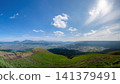 A panoramic view of the rice fields of the Aso Valley and the Aso Five Peaks from Daikanbo, Kumamoto Prefecture. 141379491