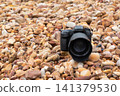 Professional camera resting colorful pebbles at the beach shallow depth of field ideal for photography travel equipment outdoor creative lifestyle 141379530