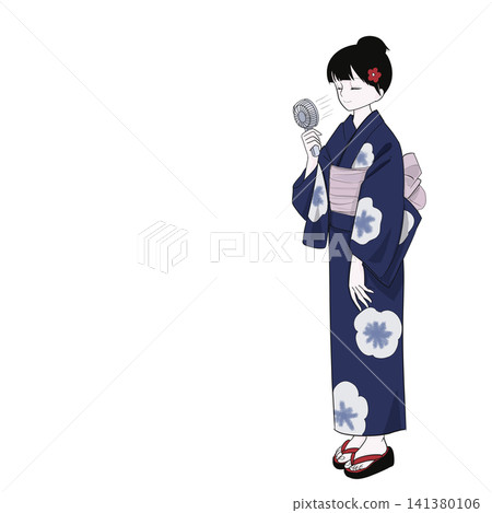 A woman in a yukata uses a handheld fan to cool herself down in the summer heat. A woman in a yukata uses a handheld fan to cool herself down in the summer heat. 141380106