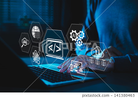 Web development and web design technology concept. developer using web coding interface, wireframe, AI automation tools, cloud hosting, server network, UX UI design, digital website optimization Web development and web design technology concept. developer using web coding interface, wireframe, AI automation tools, cloud hosting, server network, UX UI design, digital website optimization 141380463