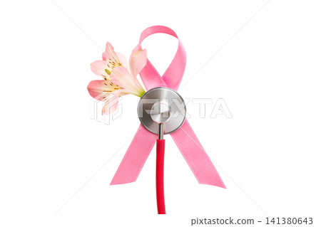 Pink ribbon, stethoscope, flower on white, isolated, PNG Pink ribbon, stethoscope, flower on white, isolated, PNG 141380643