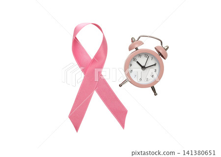 Pink ribbon and clock: early breast cancer detection, isolated, PNG Pink ribbon and clock: early breast cancer detection, isolated, PNG 141380651