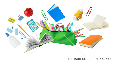 Colorful school supplies showcase readiness for back to school, PNG Colorful school supplies showcase readiness for back to school, PNG 141380658