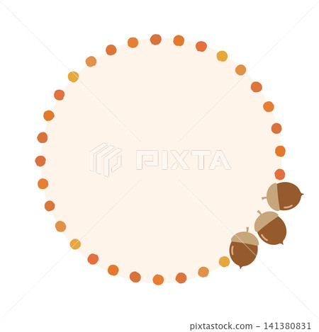 A circular frame illustration with acorns arranged in autumn-colored dots. A circular frame illustration with acorns arranged in autumn-colored dots. 141380831