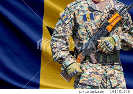 Barbados flag with soldier holding assault rifle 141381196