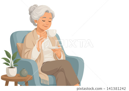 Vsai senior woman relaxing in armchair enjoying hot beverage Vsai senior woman relaxing in armchair enjoying hot beverage 141381242