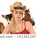 Vsai cowgirl wearing cowboy hat with horse portrait 141381297