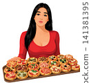 Woman serving tray of various delicious mini pizzas 141381395