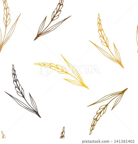 Simple vector seamless pattern. Golden spikelet of wheat, brown outline of crops, growing organic plants, seasonal harvest. Food, bread, flour. For printing textile products, labels, packaging. Simple vector seamless pattern. Golden spikelet of wheat, brown outline of crops, growing organic plants, seasonal harvest. Food, bread, flour. For printing textile products, labels, packaging. 141381402