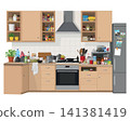 Messy kitchen interior showing clutter and dirty dishes 141381419