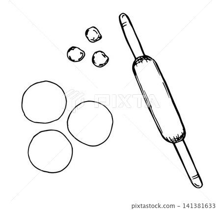 Hand-drawn simple vector illustration with a black outline. Slices of dough, rolled johnny-cake , rolling pin, top view. Cooking flour products. Kitchen items, food. 141381633