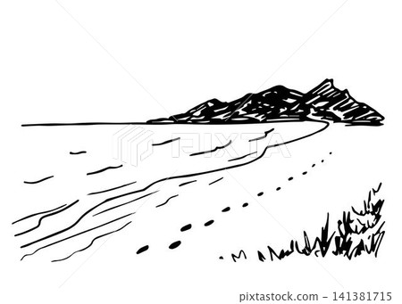 Hand drawn ink vector drawing. Sea coast, mountains on the horizon, footprints in the sand, grass. Simple landscape, nature, relaxation and tourism. Hand drawn ink vector drawing. Sea coast, mountains on the horizon, footprints in the sand, grass. Simple landscape, nature, relaxation and tourism. 141381715