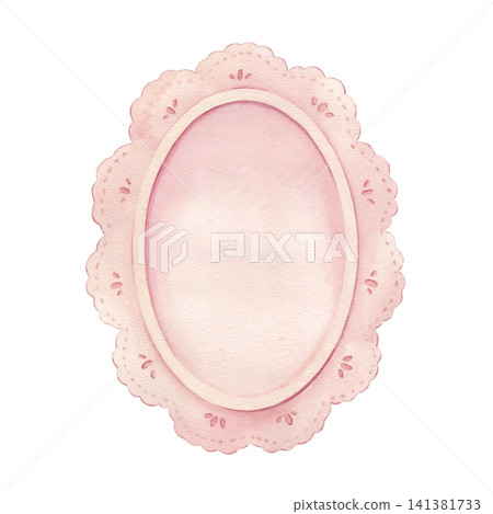 Pink, oval frame, lace in coquette aesthetic. Hand-painted watercolor illustration isolated on white for wedding invitations, feminine branding, greeting cards, scrapbook, textile, posters, template 141381733