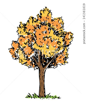 Hand-drawn color vector illustration. A tree with yellow-orange foliage, green grass. Nature, autumn time. Hand-drawn color vector illustration. A tree with yellow-orange foliage, green grass. Nature, autumn time. 141381819
