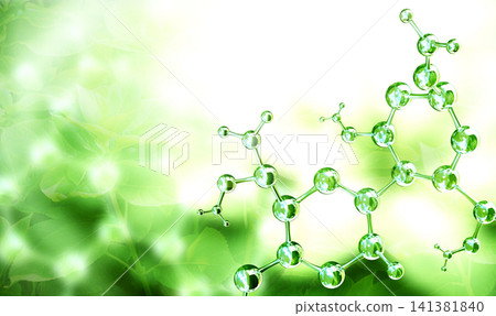 Horizontal sunny background with organic molecular structure with green hues. 3d glass atom model. Ecology, go green, Green Energy, environmental, conservation protection concept. Copy space for text Horizontal sunny background with organic molecular structure with green hues. 3d glass atom model. Ecology, go green, Green Energy, environmental, conservation protection concept. Copy space for text 141381840