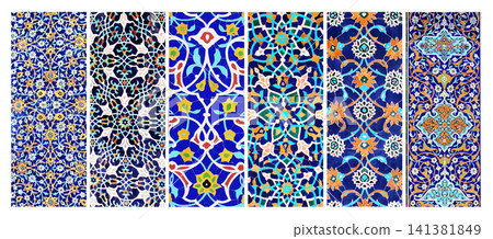 Set of horizontal or vertical banners with detail of ancient mosaic walls with floral and geometric ornaments. Collection of background with traditional islamic tile decoration. Tile decor on old wall Set of horizontal or vertical banners with detail of ancient mosaic walls with floral and geometric ornaments. Collection of background with traditional islamic tile decoration. Tile decor on old wall 141381849