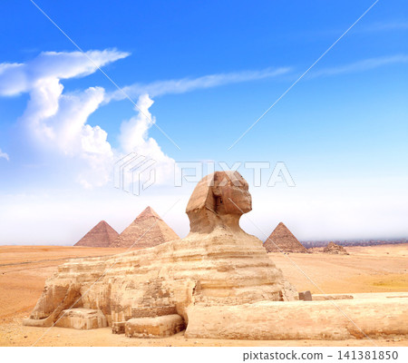 Creative collage - Great Sphinx, Great Pyramid of Menkaure, Chephren, Cheops, Cairo, Egypt. Pyramids, Sphinx, Giza Necropolis, popular destination for traveller. Topic of vacation, travel, trip abroad Creative collage - Great Sphinx, Great Pyramid of Menkaure, Chephren, Cheops, Cairo, Egypt. Pyramids, Sphinx, Giza Necropolis, popular destination for traveller. Topic of vacation, travel, trip abroad 141381850