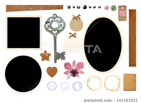 Collection of vintage element for scrapbooking. Nostalgic set of retro photo, adhesive tape, button, label, dried orchid flower, paper tag. Can be used for retro, nostalgic design. Isolated on white Collection of vintage element for scrapbooking. Nostalgic set of retro photo, adhesive tape, button, label, dried orchid flower, paper tag. Can be used for retro, nostalgic design. Isolated on white 141381852