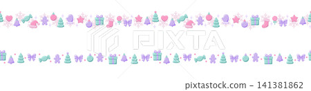Pastel winter holiday seamless border pattern set, flat vector illustration featuring cute christmas icons, gingerbread man, tree and santa hat tapes for ribbon design and packaging Pastel winter holiday seamless border pattern set, flat vector illustration featuring cute christmas icons, gingerbread man, tree and santa hat tapes for ribbon design and packaging 141381862