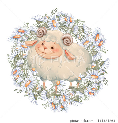 Cute sheep in daisy flower wreath illustration Cute sheep in daisy flower wreath illustration 141381863