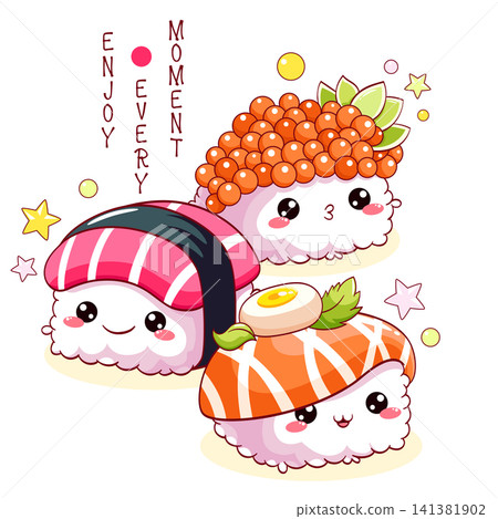 Square card with stack of cute sushi in kawaii style with smiling faces. Japanese traditional cuisine dishes. Can be used for t-shirt print, sticker, greeting card, menu design. Vector EPS8 Square card with stack of cute sushi in kawaii style with smiling faces. Japanese traditional cuisine dishes. Can be used for t-shirt print, sticker, greeting card, menu design. Vector EPS8 141381902