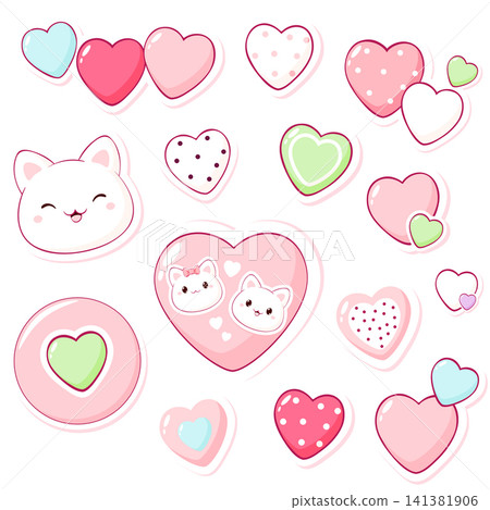 Set of stickers in kawaii style. Cute tag, label with heart and cat. Collection of cozy heart-shaped sticker. Can be used for t-shirt print, sticker, greeting card. Vector illustration EPS8 Set of stickers in kawaii style. Cute tag, label with heart and cat. Collection of cozy heart-shaped sticker. Can be used for t-shirt print, sticker, greeting card. Vector illustration EPS8 141381906
