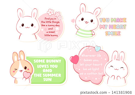 Kawaii bunny sticker set with positive quotes. Cute Rabbit Planner Sticker, Cutecore Digital Journaling Clipart. Vector collection for scrapbooking and planner, pink sweet aesthetic label, tag, badge 141381908