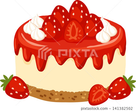 Strawberry dessert illustration featuring creamy cheesecake red glaze and fresh fruit Strawberry dessert illustration featuring creamy cheesecake red glaze and fresh fruit 141382502