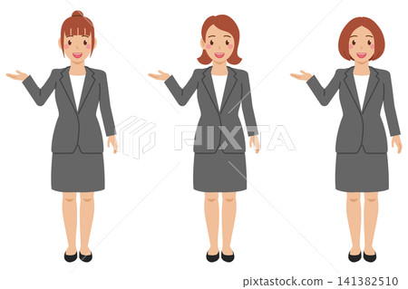 [Full body] A young woman in a cut-and-sew top and gray skirt suit says, "This way." 141382510