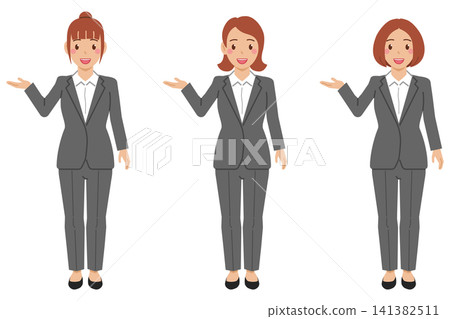 [全身像] 一位身穿襯衫和灰色褲裝的年輕女子說：“這邊請。” 141382511