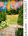 Colorful balloon gate and summer flower scenery at "Iide Donden-daira Lily Garden" in Iide Town, Yamagata Prefecture. 141382857