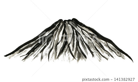 Hand drawn watercolor stock illustration. Black silhouette of a mountain peak, volcano isolated on a white background. Element of wildlife of mountainous countries, landscape. 141382927