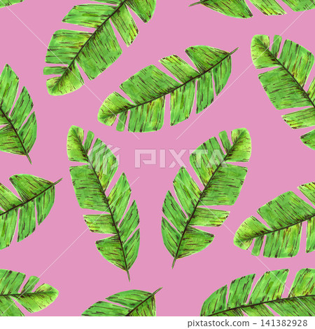 Hand drawn tropical seamless pattern. Green palm leaves on a bright pink background. For fabrics, wallpaper, clothes, packaging, prints. Hand drawn tropical seamless pattern. Green palm leaves on a bright pink background. For fabrics, wallpaper, clothes, packaging, prints. 141382928