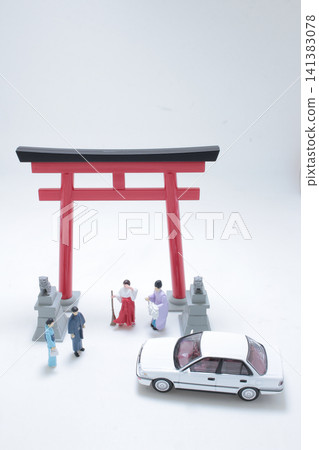 Miniature figure scene at a Shinto torii gate. Miniature figure scene at a Shinto torii gate. 141383078
