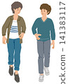 An illustration of two young men walking side by side. An illustration of two young men walking side by side. 141383117