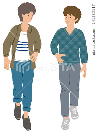 一幅描繪兩個年輕男子並肩行走的插圖。 141383117
