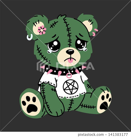 Spooky Kawaii Green Plush Bear Character 141383177