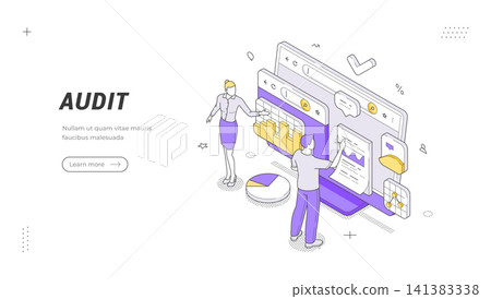 Financial Audit Analysis Isometric Vector Illustration For Business Report Landing Page Banner Template Financial Audit Analysis Isometric Vector Illustration For Business Report Landing Page Banner Template 141383338