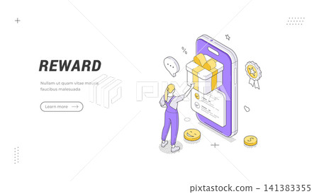 Mobile Reward Program and Online Achievement Isometric Vector Illustration for Game Banner Template 141383355