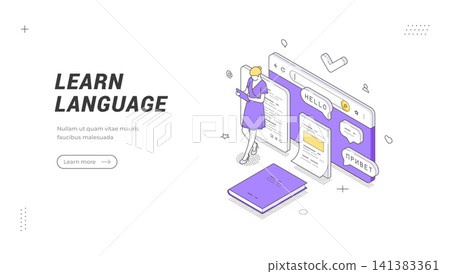 Online Language Learning School Isometric Vector Illustration for Mobile Education App Banner Template 141383361