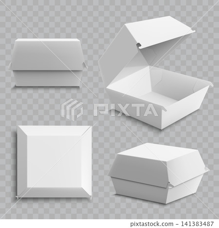 White Cardboard Burger Box Mockup Set Vector 141383487