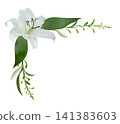 White lily flower corner border arrangement isolated on white background. 141383603