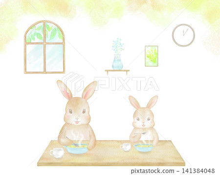 一隻母兔和她的小兔子正在一起吃東西。室內場景的水彩插畫。 一隻母兔和她的小兔子正在一起吃東西。室內場景的水彩插畫。 141384048