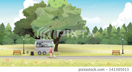 Landscape of public park with street cafe van and woman as a customer in sunshine day. Small business and street food concept vector illustration. Landscape of public park with street cafe van and woman as a customer in sunshine day. Small business and street food concept vector illustration. 141385013