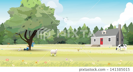 Rural landscape have people with them pet and country house vector illustration. Livestock landscape concept flat design. Rural landscape have people with them pet and country house vector illustration. Livestock landscape concept flat design. 141385015