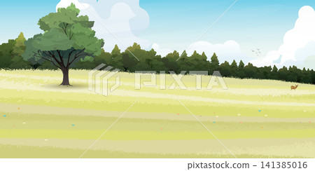 Countryside fields landscape with young deer, flowers, green hills, forest, clouds and blue sky background flat design vector illustration. Countryside fields landscape with young deer, flowers, green hills, forest, clouds and blue sky background flat design vector illustration. 141385016