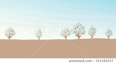 Cocoa tree landscape vector illustration with blank space. Cacao garden childish style flat design background. 141385037